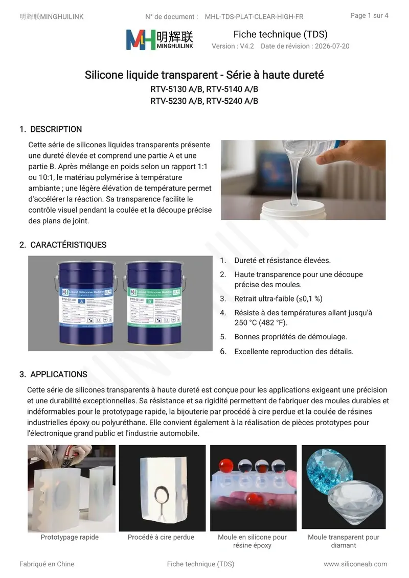 tds silicone liquide transparent haute dureté