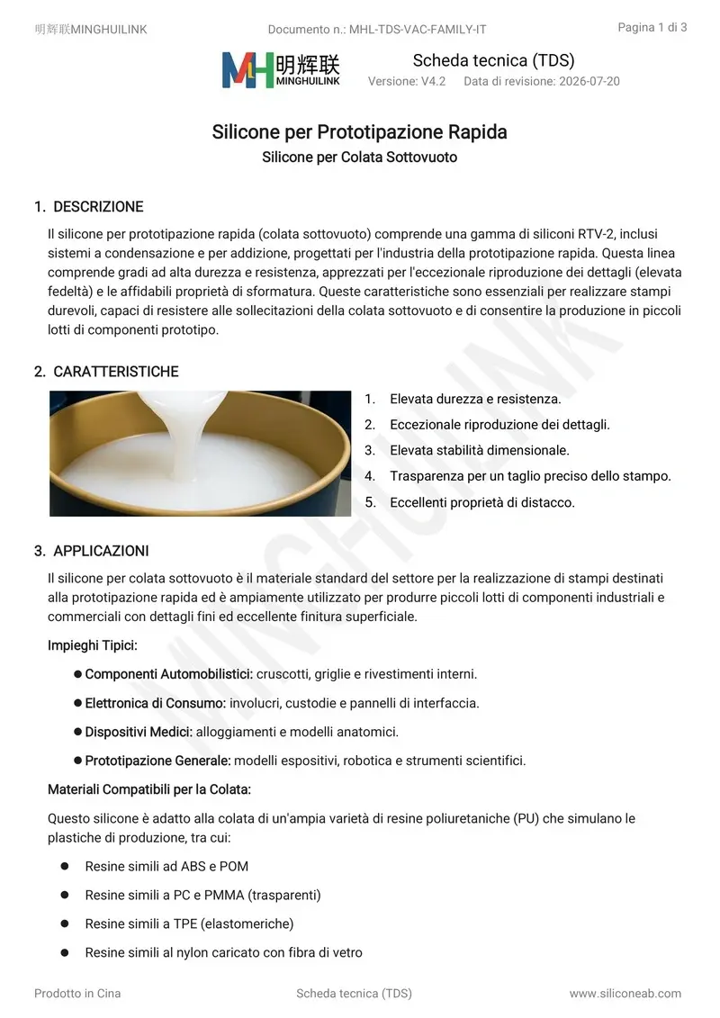 tds gomma siliconica per prototipazione rapida