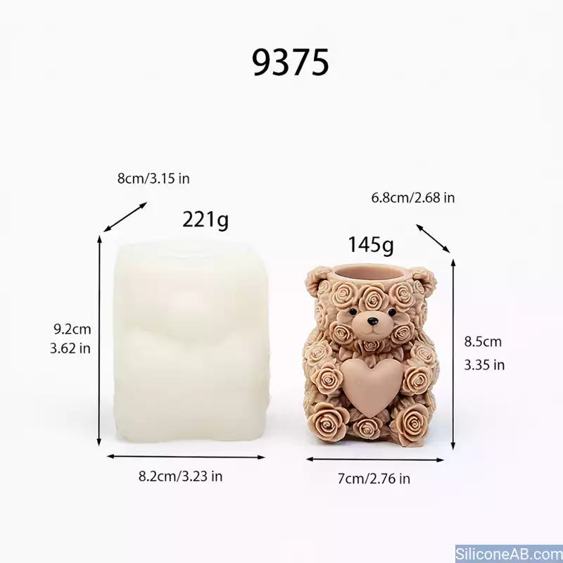 3D Rose Flower Teddy Bear Silicone Mold for Romantic Candle
