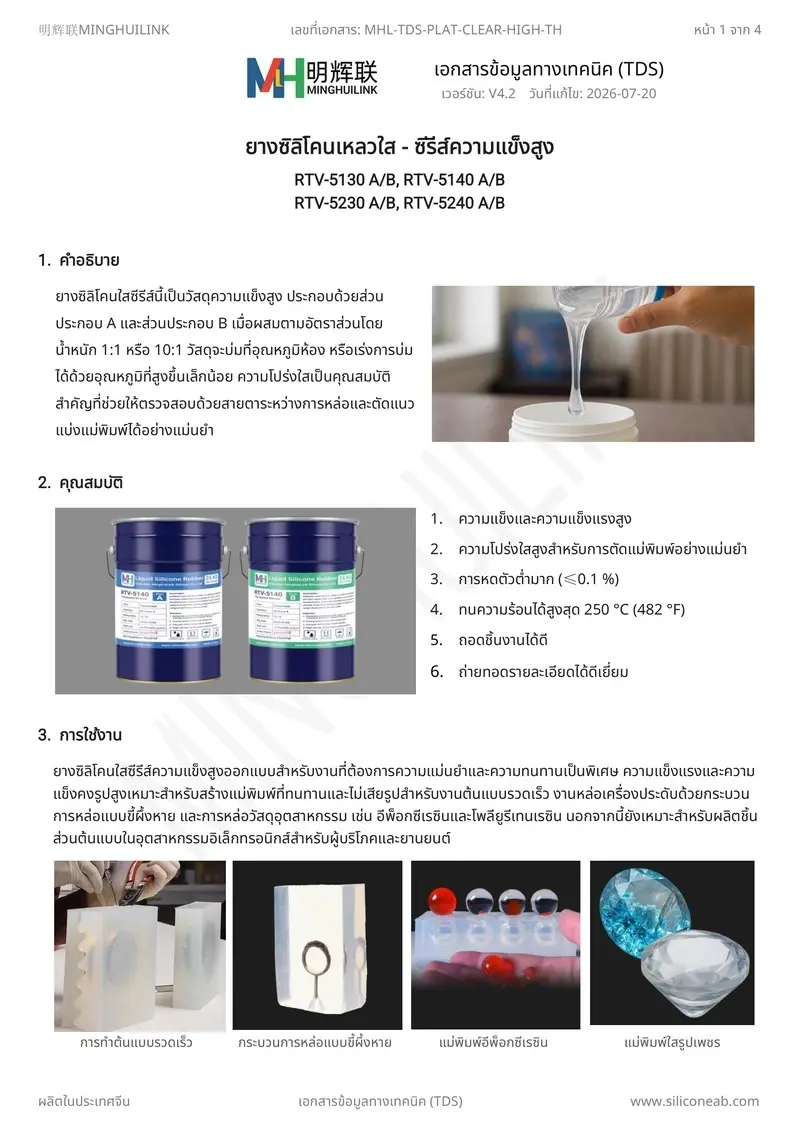TDS ยางซิลิโคนเหลวใสความแข็งสูง