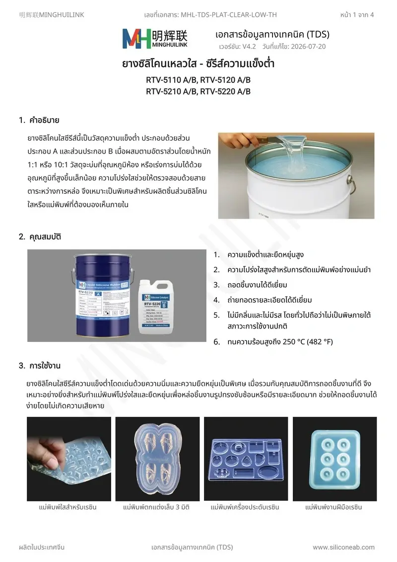 TDS ยางซิลิโคนเหลวใสความแข็งต่ำ